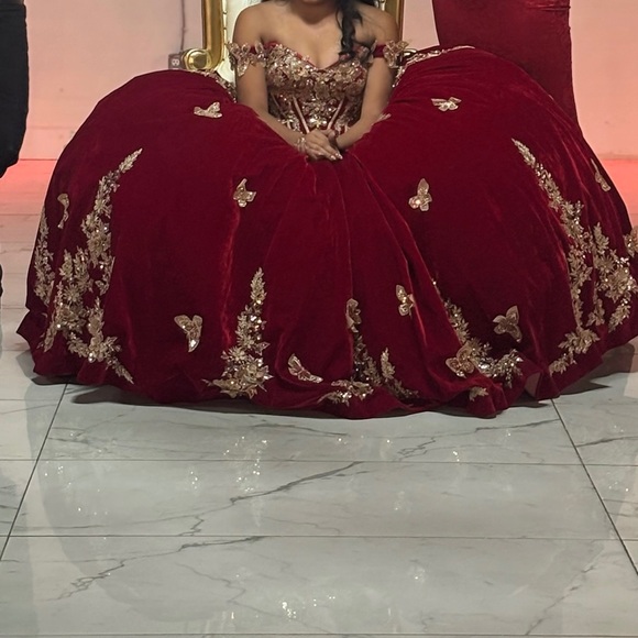 Elegant Velvet Red Ball Gown with Gold Embellishments,All Products : American Fashion Style Bags On Sale
